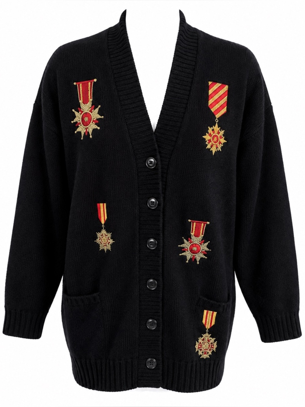 Worthington Black Medal Embroidered Cardigan Military Inspired Sweater Medium